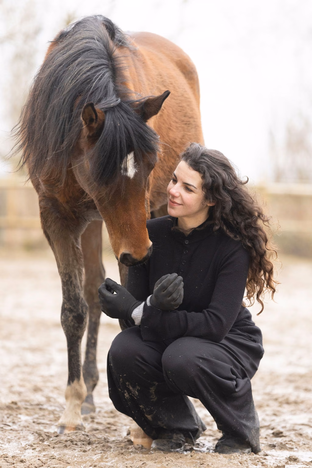 Une personne accroupie partage un moment de proximité avec un cheval.