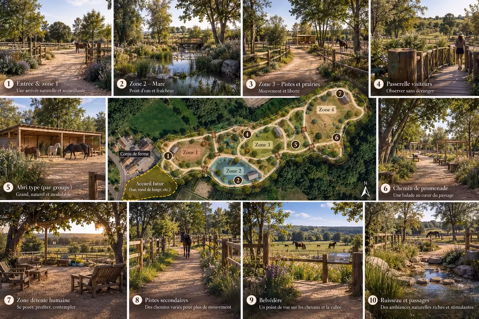 Montage d’illustrations du projet de parc : plan d’ensemble, chemins, prairies et abris pour les chevaux.