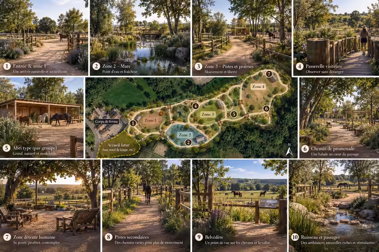 Overzicht van het Parkproject en de groene ruimtes voor paarden en bezoekers.