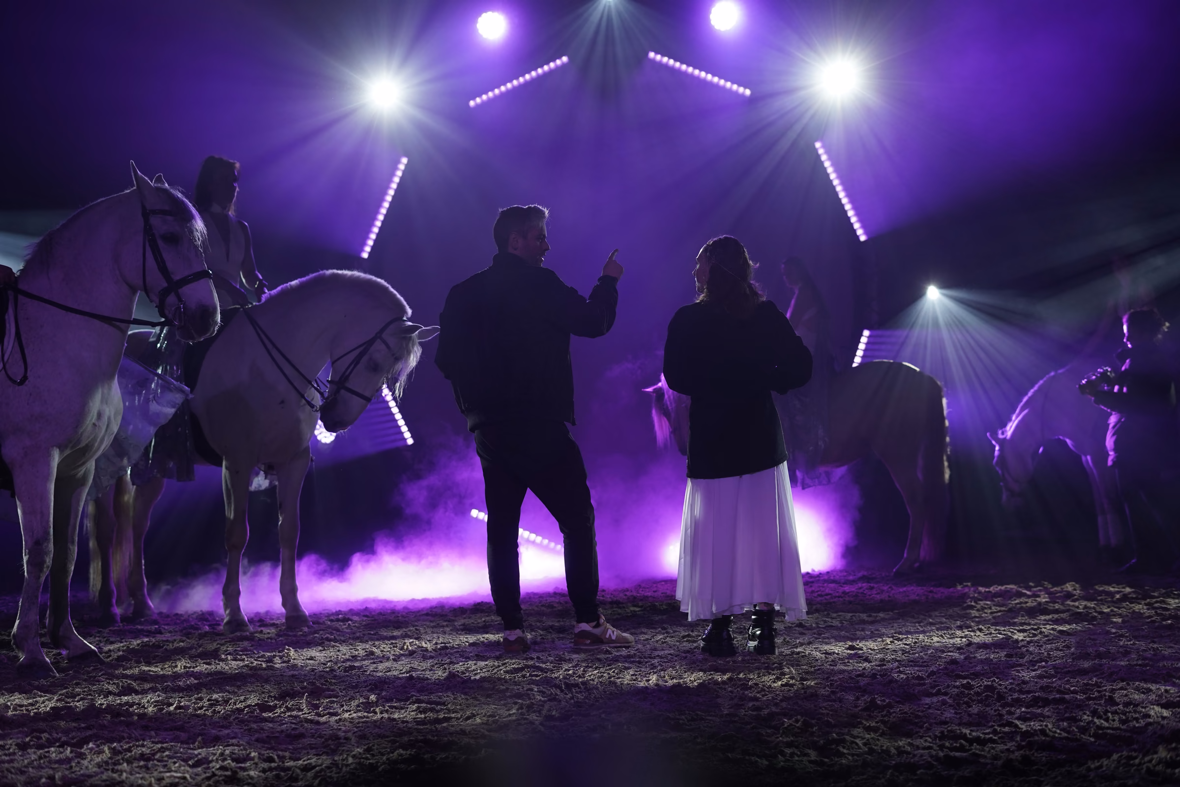 Des personnes échangent près des chevaux pendant une répétition éclairée en violet.